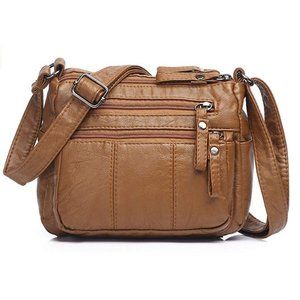 Brown Leather Crossbody Multi Pocket Handbag